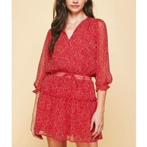Pinch red pattern 3/4 sleeve ruffle hem tie waist vneck dress size M